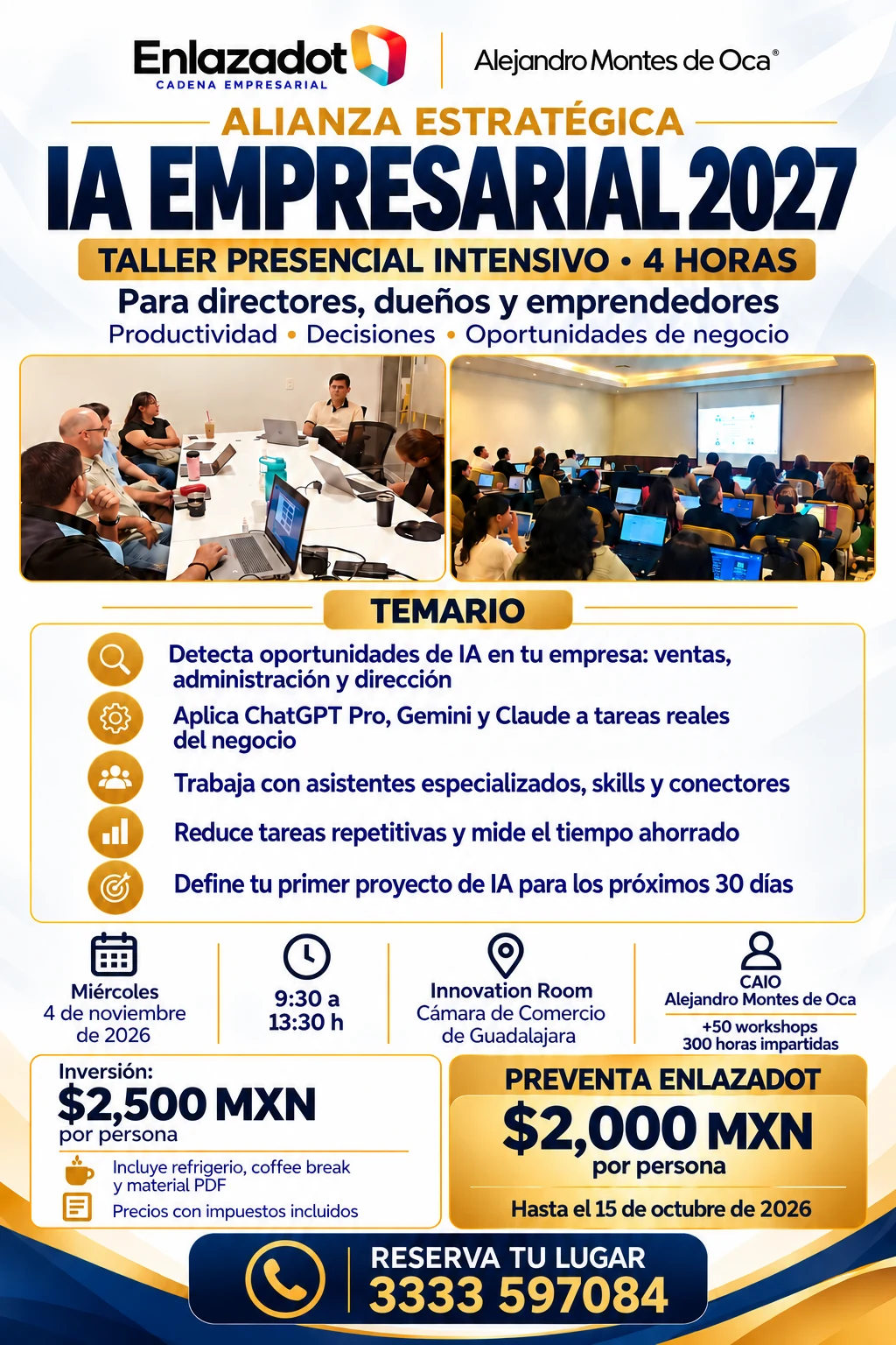 Cartel oficial del taller IA Empresarial 2027 de Enlazadot y Alejandro Montes de Oca